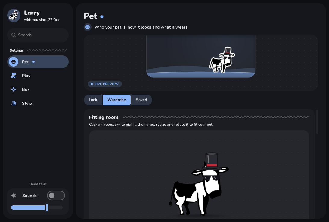 Pet, Wardrobe tab: the fitting room