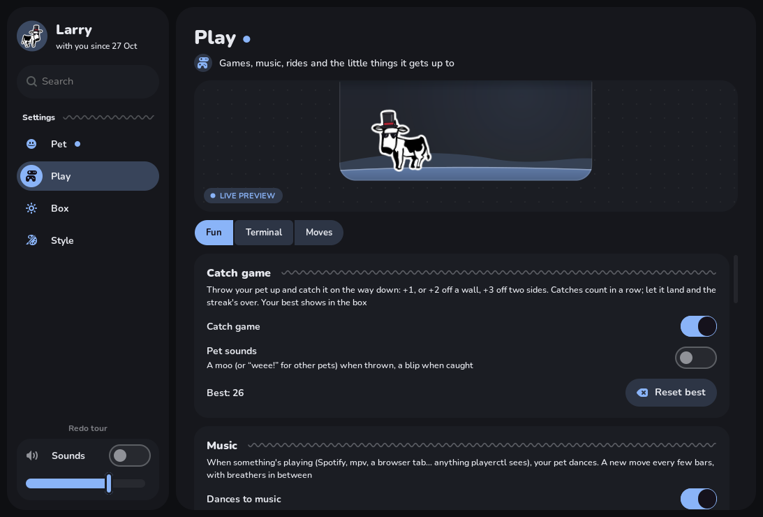 Play, Fun tab: catch game, music and more