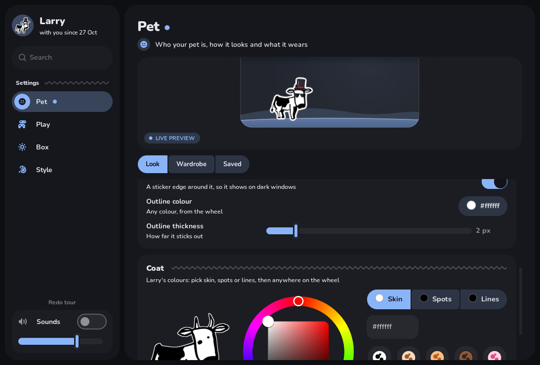 Pet, Look tab: picture, size, outline and coat colours